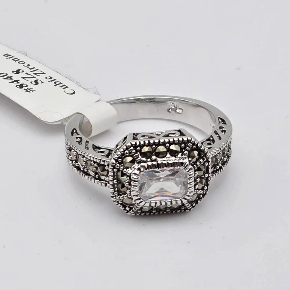 New PARK LANE 'Reign' Ring Marcacite & Cubic Zirconia Silver Plate Size 8 w/Tags